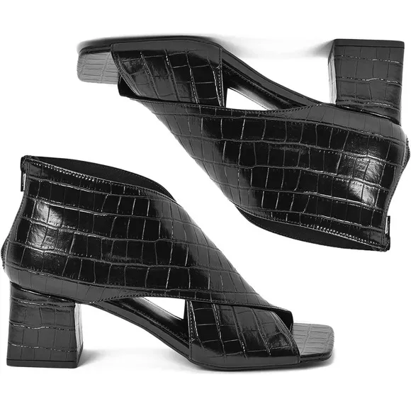 Women Chunky Heel Open Toe Booties Side Cut-Out Ankle Boots Square Peep Toe 2”