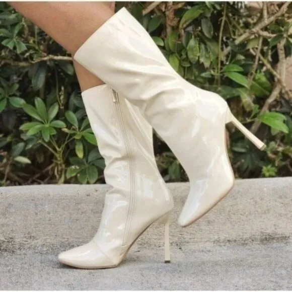Women Mid Calf Square Toe Heel Boot Off White Color