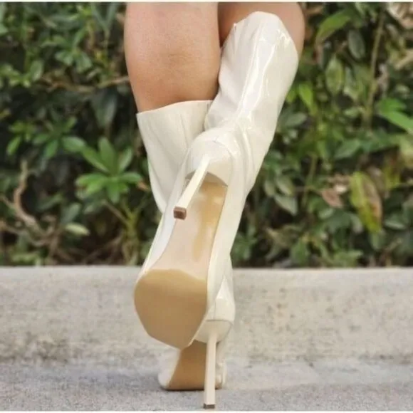 Women Mid Calf Square Toe Heel Boot Off White Color