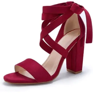 Women Red Shoes Suede Strappy Heels Lace up High Heeled Sandals