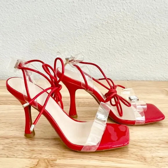 Women's 7 US Red Strappy Lace-Up Ankle Strap Clear Bow Rhinestone Stiletto Heels