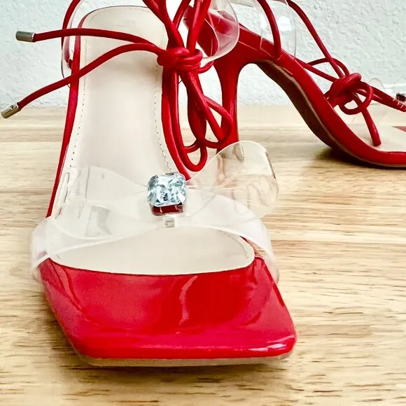 Women's 7 US Red Strappy Lace-Up Ankle Strap Clear Bow Rhinestone Stiletto Heels