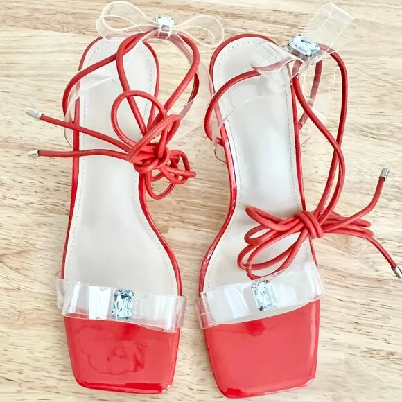 Women's 7 US Red Strappy Lace-Up Ankle Strap Clear Bow Rhinestone Stiletto Heels