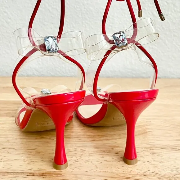 Women's 7 US Red Strappy Lace-Up Ankle Strap Clear Bow Rhinestone Stiletto Heels
