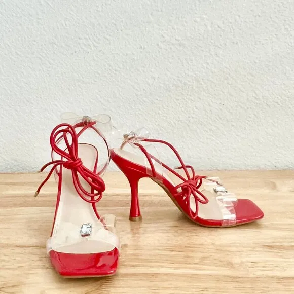 Women's 7 US Red Strappy Lace-Up Ankle Strap Clear Bow Rhinestone Stiletto Heels