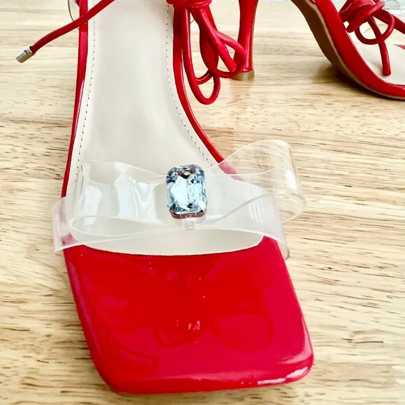 Women's 7 US Red Strappy Lace-Up Ankle Strap Clear Bow Rhinestone Stiletto Heels