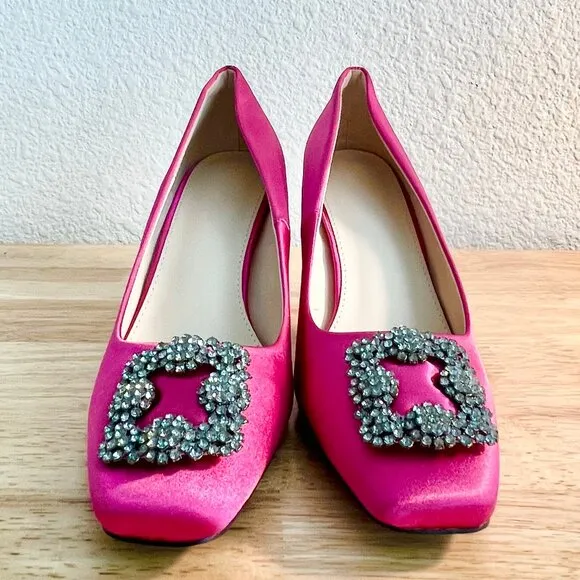 Women's 8US Rhinestone Buckle Magenta Satin Square Toe Formal Stiletto Heels