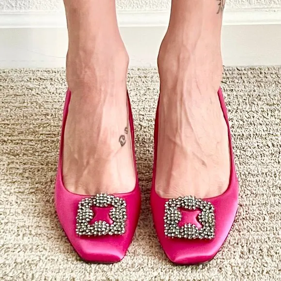 Women's 8US Rhinestone Buckle Magenta Satin Square Toe Formal Stiletto Heels