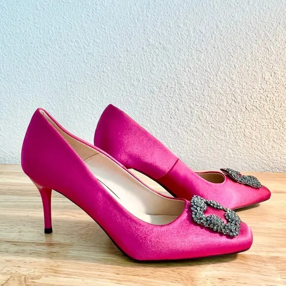 Women's 8US Rhinestone Buckle Magenta Satin Square Toe Formal Stiletto Heels