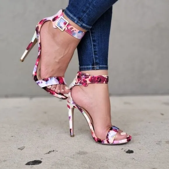 Women's Ankle Strap High Heels Sandals Flower Print Color