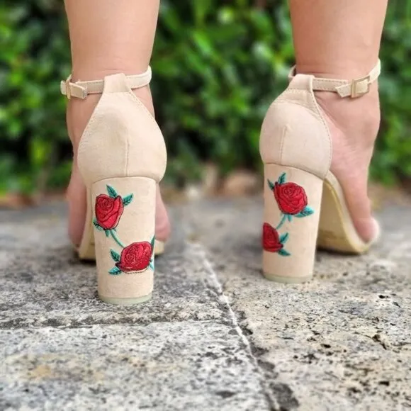 Women's Beige Ankle Strap Chunky Heel Sandals