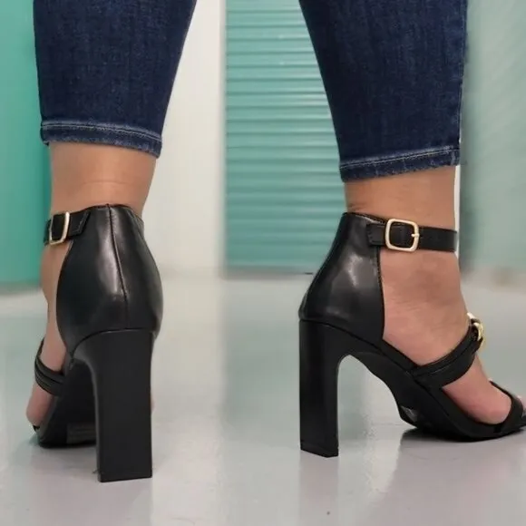 Women's Black Gold Chain Chunky Heels