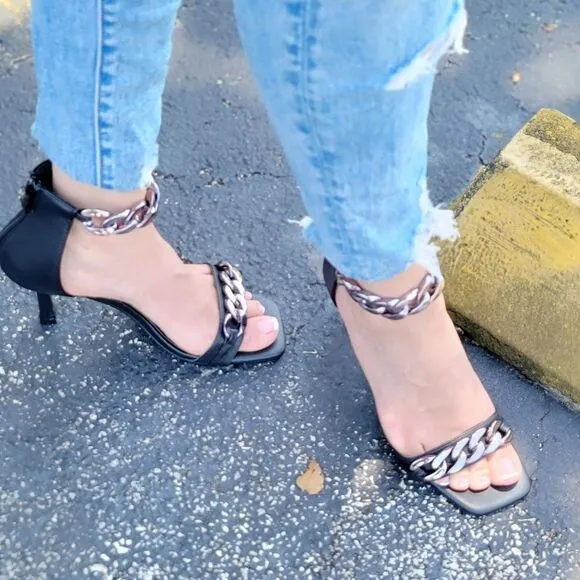 Womens Black Ankle Strap Heels Chains Stiletto Sandals