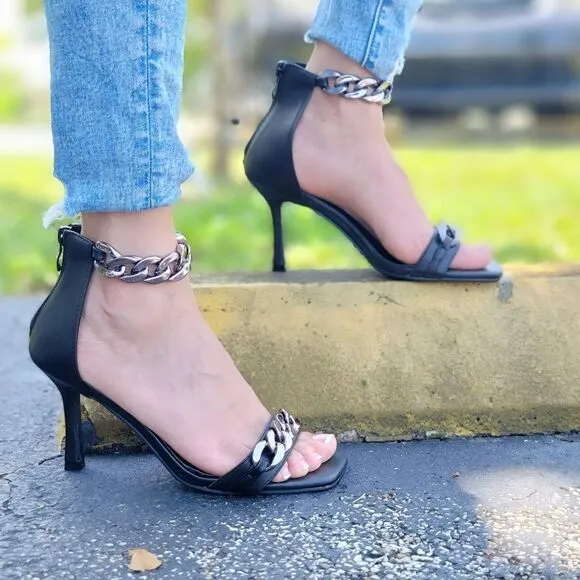 Womens Black Ankle Strap Heels Chains Stiletto Sandals