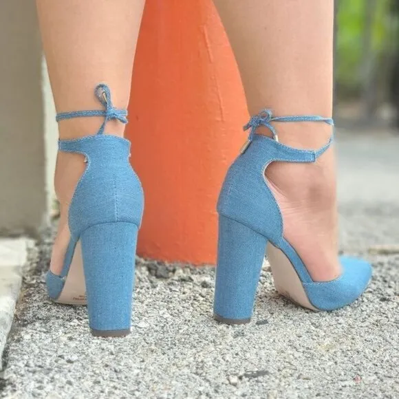Women's Denim Point Toe Ankle Strap Block Heel