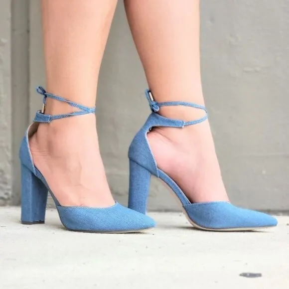 Women's Denim Point Toe Ankle Strap Block Heel