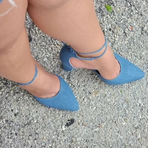 Women's Denim Point Toe Ankle Strap Block Heel