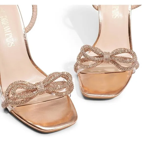 ⭐Women's Double Bowknots Crystal Sandals Clear Slingback Heels Square Toe Shoes