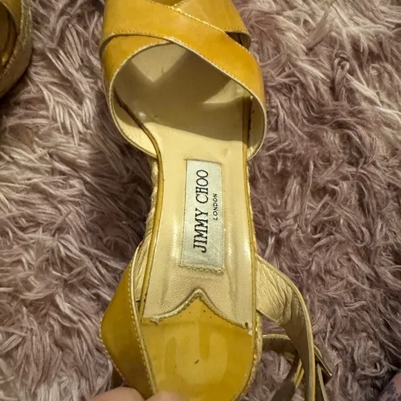 Women’s Jimmy Choo Patent Leather Yellow Strappy Espadrille Sandals Size 38 US 8
