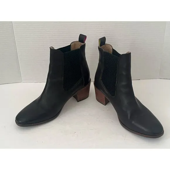 Women's Joules Black Hartford Low Heeled Fall Winter Leather Boots Size 8 US