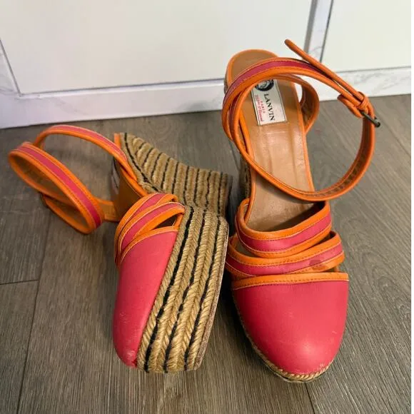 Womens Lanvin Paris Leather Espadrille High Wedge Sandals Size 40 US 8.5