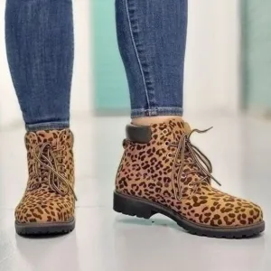 Women's‎ Leopard Combat Lace-up Ankle Boots Low Heel