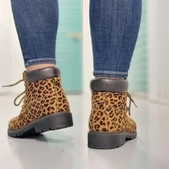 Women's‎ Leopard Combat Lace-up Ankle Boots Low Heel