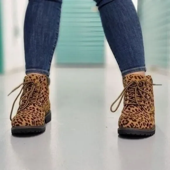 Women's‎ Leopard Combat Lace-up Ankle Boots Low Heel