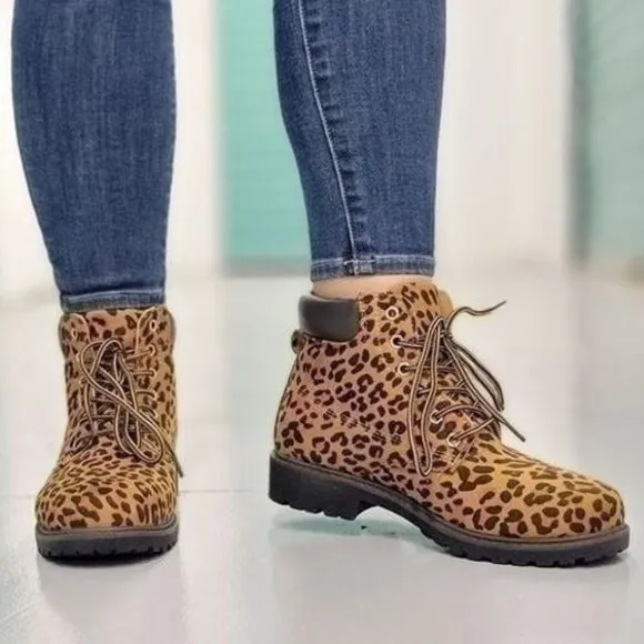 Women's‎ Leopard Combat Lace-up Ankle Boots Low Heel