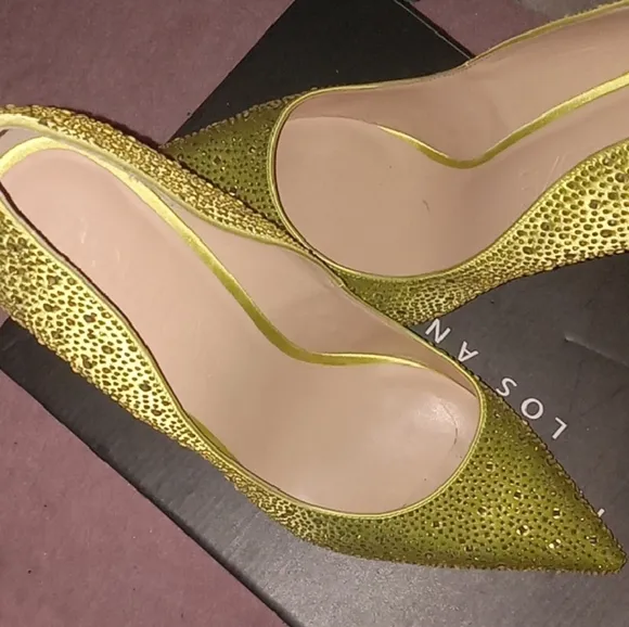 Women's Neon Green Pointed-Toe Stiletto w Gold Heels &amp; Rhinestone Detail Size 9