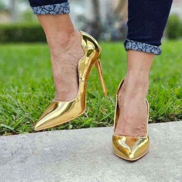 Womens Pointed Toe Stiletto High Heels Pumps Gold Color