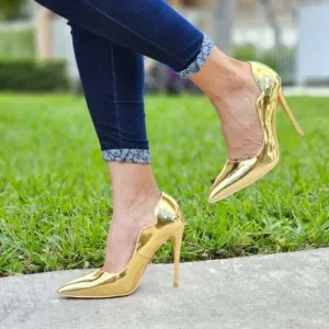 Womens Pointed Toe Stiletto High Heels Pumps Gold Color