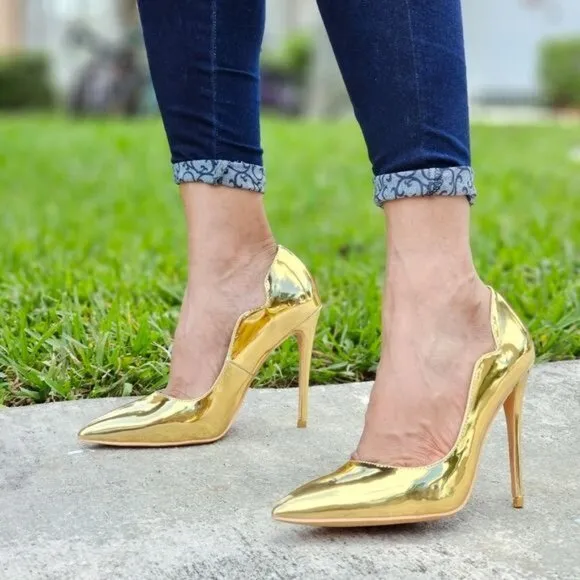 Womens Pointed Toe Stiletto High Heels Pumps Gold Color