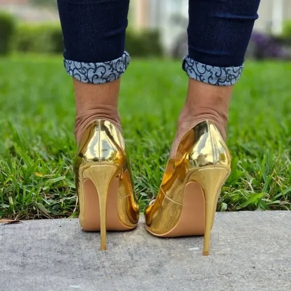 Womens Pointed Toe Stiletto High Heels Pumps Gold Color