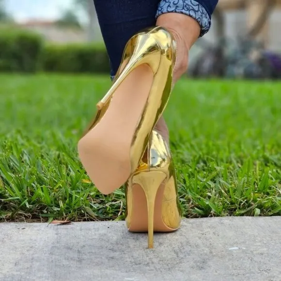 Womens Pointed Toe Stiletto High Heels Pumps Gold Color