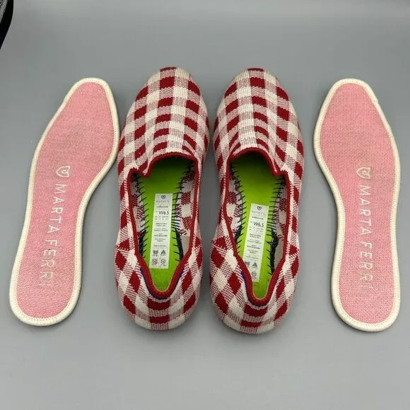 Women's Rothy's x Marta Ferri 6 1/2 Red Cream Loafers Shoes Checkered