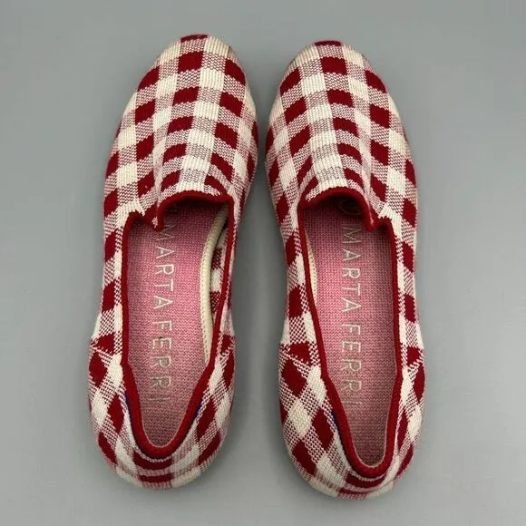 Women's Rothy's x Marta Ferri 6 1/2 Red Cream Loafers Shoes Checkered