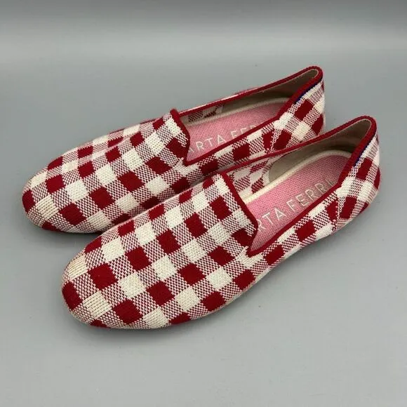 Women's Rothy's x Marta Ferri 6 1/2 Red Cream Loafers Shoes Checkered