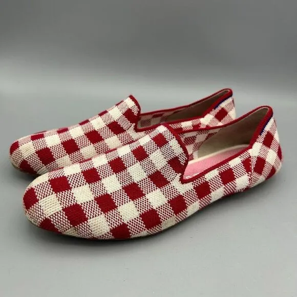 Women's Rothy's x Marta Ferri 6 1/2 Red Cream Loafers Shoes Checkered