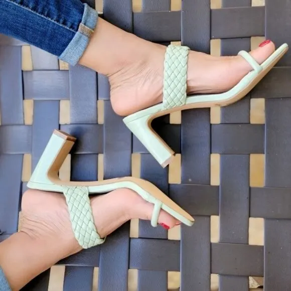 Women's Sage Green Braided Chunky‎ Block Heel Slide Sandals