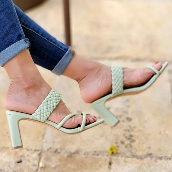 Women's Sage Green Braided Chunky‎ Block Heel Slide Sandals