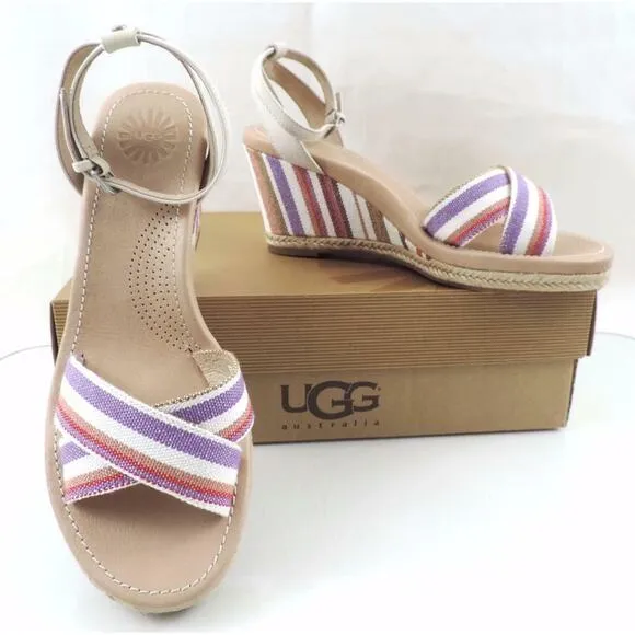 Women's Shoes UGG Australia Nyssa Espadrille Wedge Sandals Stripe Cream Size 8.5