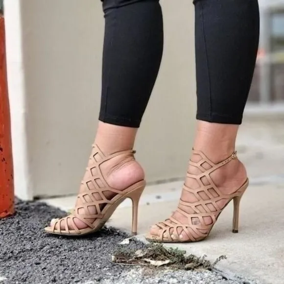 Women's Slingback Stiletto Sandal‎ Peep Toe Hollow Beige Color