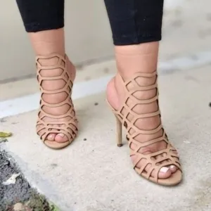 Women's Slingback Stiletto Sandal‎ Peep Toe Hollow Beige Color