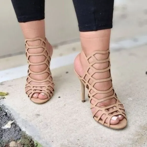 Women's Slingback Stiletto Sandal‎ Peep Toe Hollow Beige Color