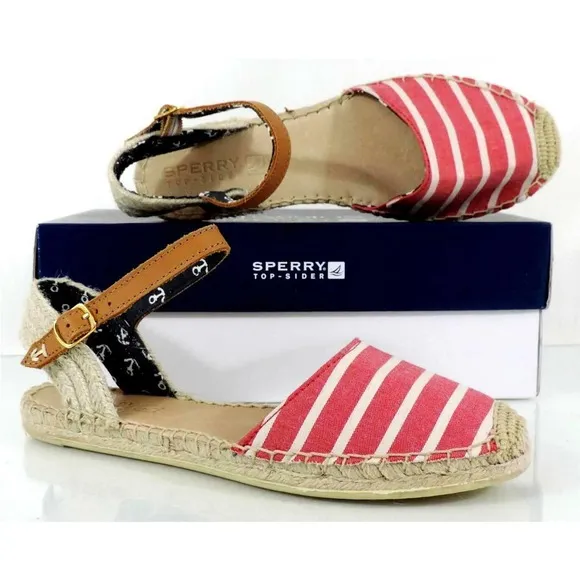 Women's Sperry Top Sider Hope Flat Espadrille Sandals Red Breton Stripe