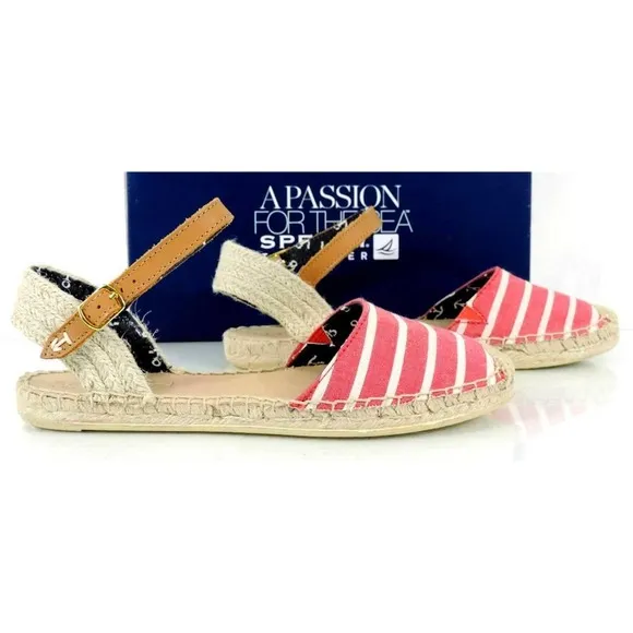Women's Sperry Top Sider Hope Flat Espadrille Sandals Red Breton Stripe