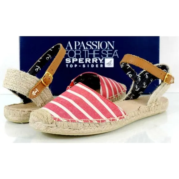 Women's Sperry Top Sider Hope Flat Espadrille Sandals Red Breton Stripe