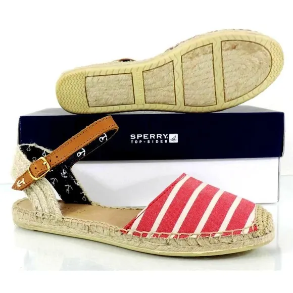 Women's Sperry Top Sider Hope Flat Espadrille Sandals Red Breton Stripe