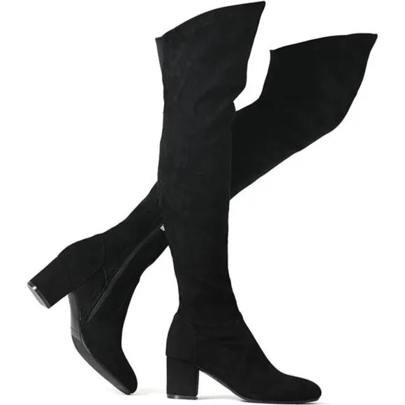 Women's Stretch Suede Chunky Heel Thigh High Over The Knee Boots